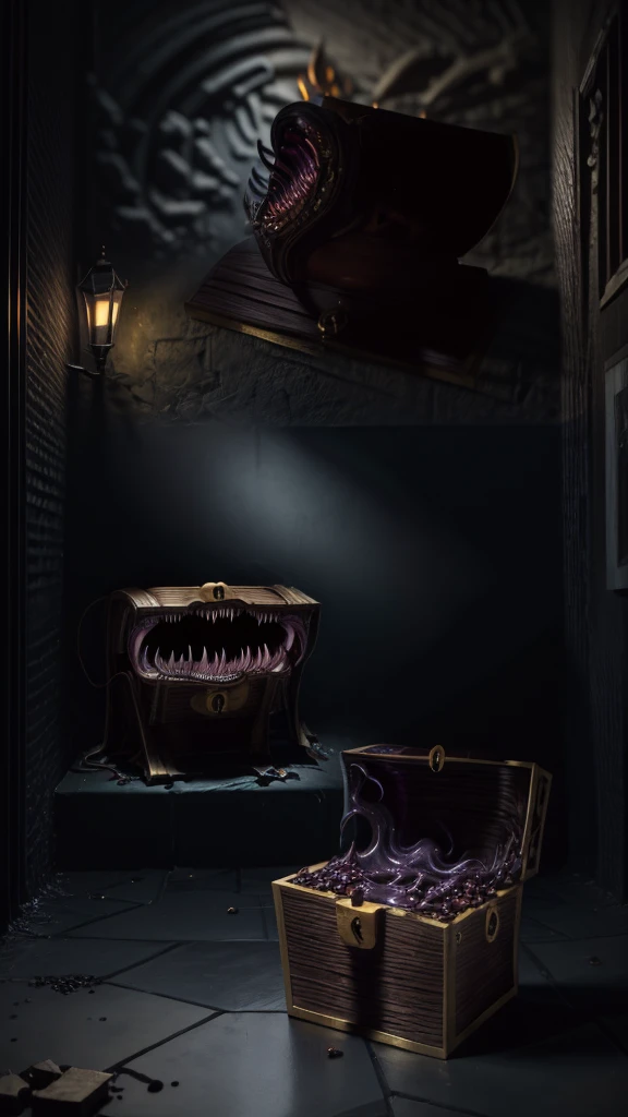 Create a highly detailed and terrifying image of a Mimic chest monster. The Mimic should resemble a traditional treasure chest at first glance, with ornate woodwork and metal reinforcements. However, the chest should be partially open, revealing sharp, menacing teeth lining the inside of the lid. The lid should be split into a monstrous mouth, with a long, slimy tongue lashing out. The eyes of the Mimic should be glowing ominously, either embedded in the wood or appearing on the lid, giving it a menacing, predatory look.

The setting should be a dimly lit dungeon with cobblestone floors and walls. Scatter gold coins, jewels, and other treasures around the Mimic to emphasize the trap. Add eerie lighting and shadows to enhance the creepy and dangerous atmosphere. Ensure there are no humans or human-like figures in the image. The overall scene should evoke a sense of dread and caution, capturing the essence of a Mimic ready to strike at unsuspecting adventurers.Nothing in the chest monster
