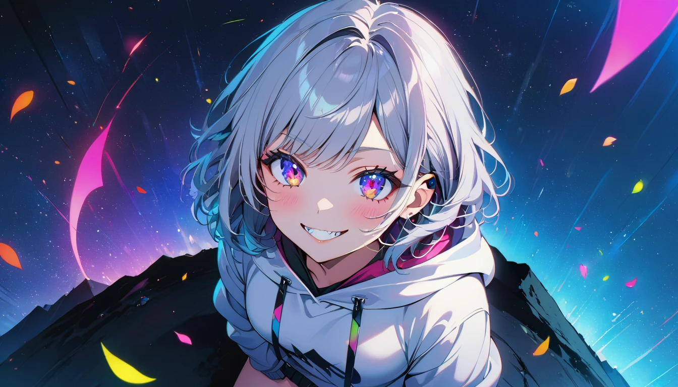 ((Masterpiece)), ((best quality)), (Anime:1.3), (super detail:1.2), (High Definition:1.3), (Professional Photography:1.3),cute young Girl, Glossy unruly hair, (loose swept bangs), (silver ash hair), medium hair, big eyes, (Eye bags:1.3), (Long eyelashes), colorful eyes, (evil smile and blush), Glossy lips, (jagged teeth), ((white hoodie with oversized)), barearms, cute, (colorful:1.3), gothic makeup, (sitting on the edge), colorful petals dance around her, starry night, neon lit, Peter Benjamin Graham, a wanderer on a mountain, wearing headphones, (full body), (gazing skyward:1.3),(from aerial shot:2),