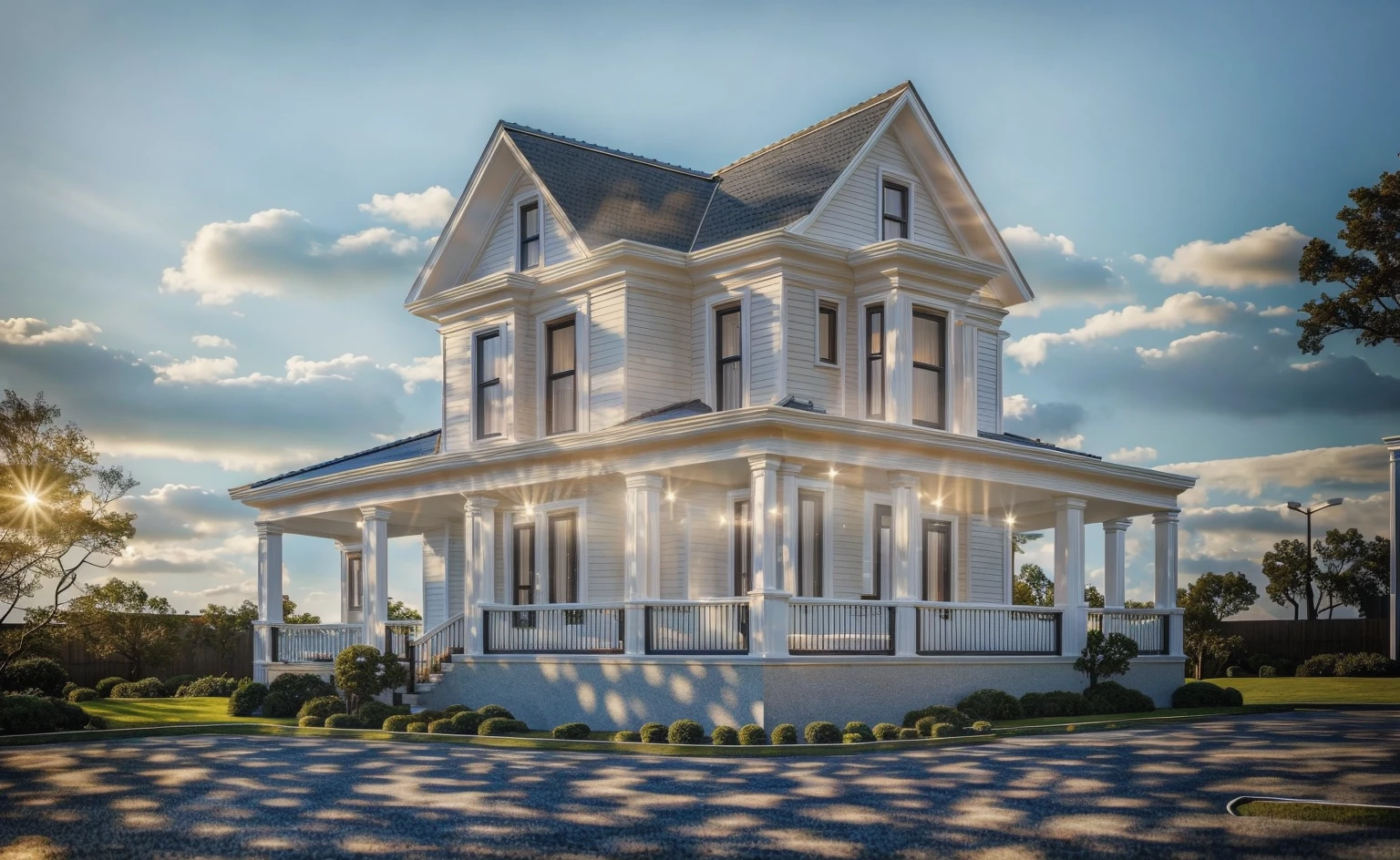 PLATFORM KTHOUSE, 1 morden WHITE house,1large yard, 1 road runs in front of the house, (RAW photo, real, best quality, masterpiece:1.2), look morden minimalist, 1 road in front of the house, dynamic lighting:1.3, (hyper realistic, photo-realistic:1.2), high quality, (dark lighting:1.2), perfect lighting, archdaily, no human, light at 12 noon, warm light in door:1.1, blue sky:1.3, shimering lighting