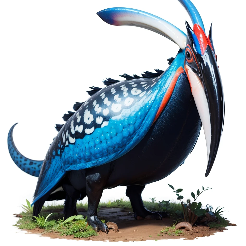 Big Animaly, has white stripes on his skin, blue eyes, cassowary mixed with squid, Grassroots, no background