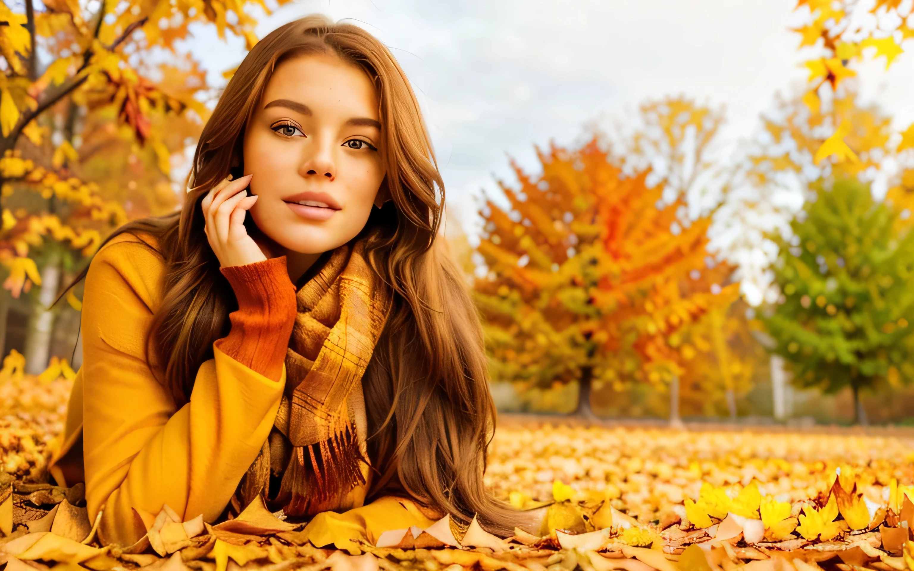 arafed woman laying on the ground in a pile of leaves, autumn season, fall season, orange and brown leaves for hair, hair becoming autumn red leaves, beautiful autumn spirit, golden autumn, autum, autumn! colors, during autumn, warm color clothes, autumn, girl with brown hair, beautiful yellow woman, autumn leaves falling, attractive brown hair woman