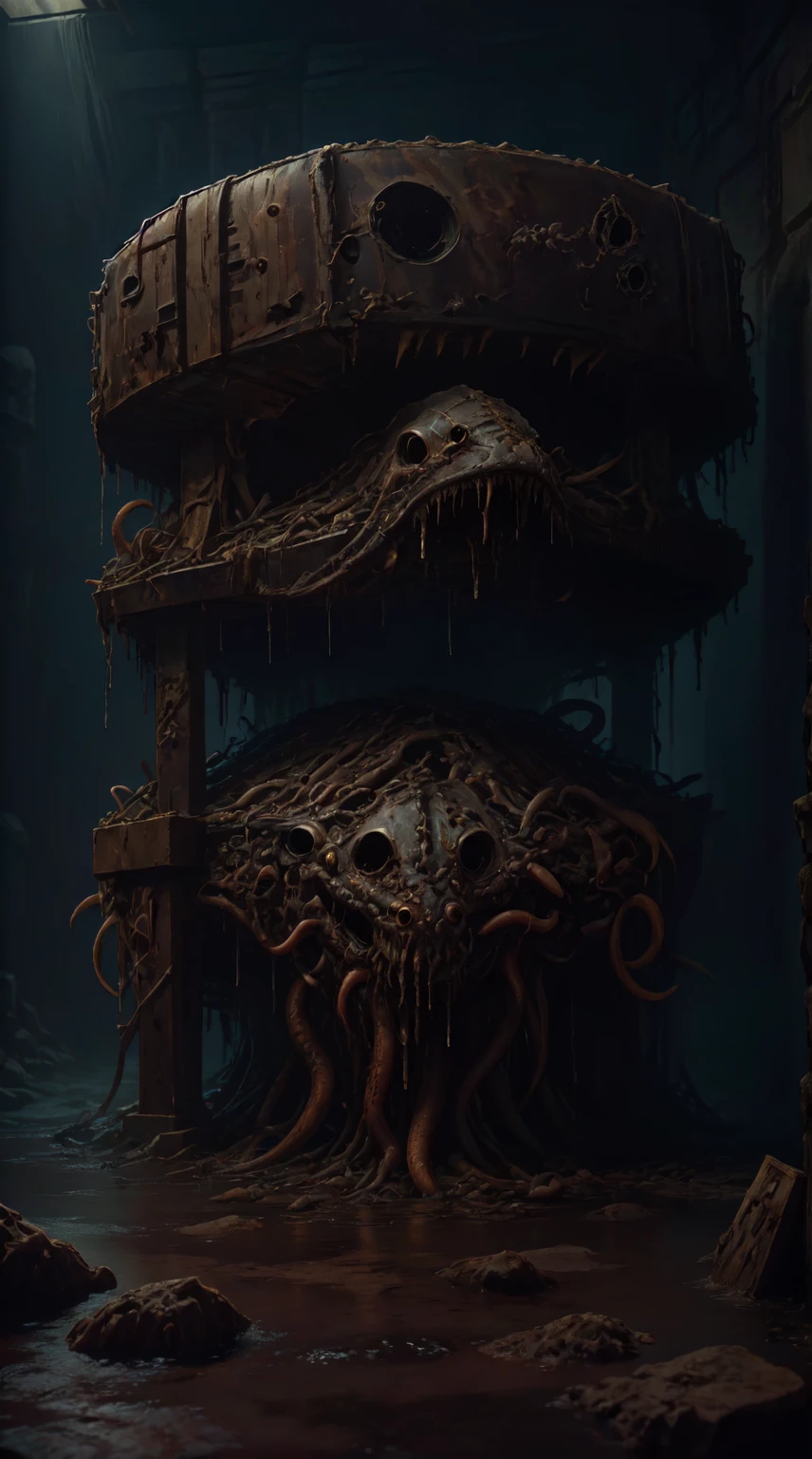 A steampunk-inspired detailed illustration of an iron cobra mimic creature, made of wood and leather, in a dark, damp cave, with dripping water and tentacles, (masterpiece:1.3), (best quality:1.2), (high quality:1.1), (photorealistic:1.37), (extremely detailed:1.2), (cinematic lighting:1.2), (dramatic shadows:1.2), (muted colors:1.1)