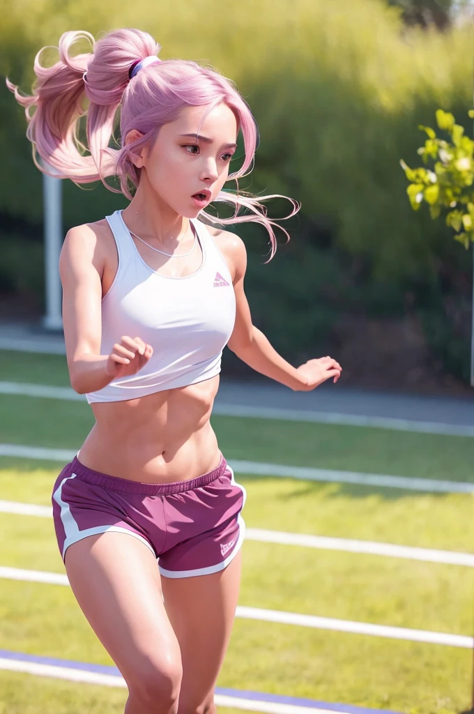 1 girl, solo, running, Gray Track Top, pink shorts, ponytail, athletic build, dynamic brushstrokes, fluid movement, capturing the essence of her athleticism and energy, using light colors and soft tones to create a dreamy and ethereal atmosphere, portraying the motion and grace of running, showing the wind blowing her ponytail and clothes, and the scenery of her surroundings.

outdoors, detailed background, Modern metropolis,