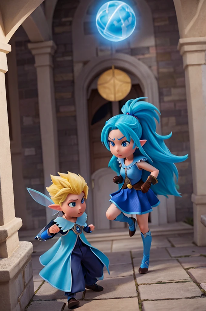a fairy with blue hair is fighting alongside a with blond hair, against an evil wizard with black clothes elegant