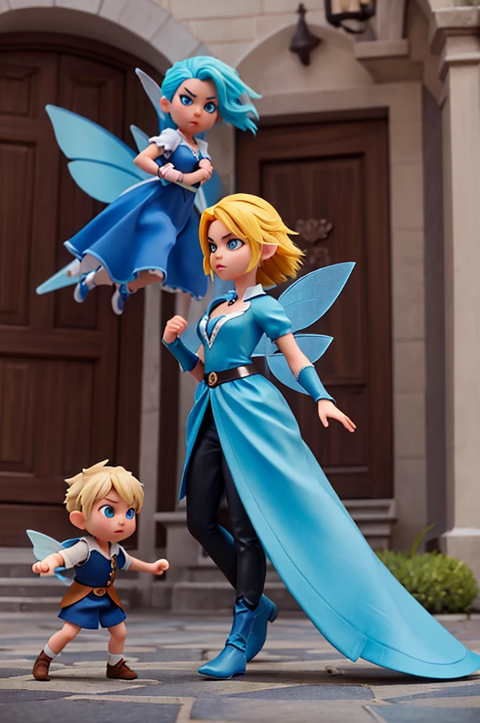 a fairy with blue hair is fighting alongside a with blond hair, against an evil wizard with black clothes elegant