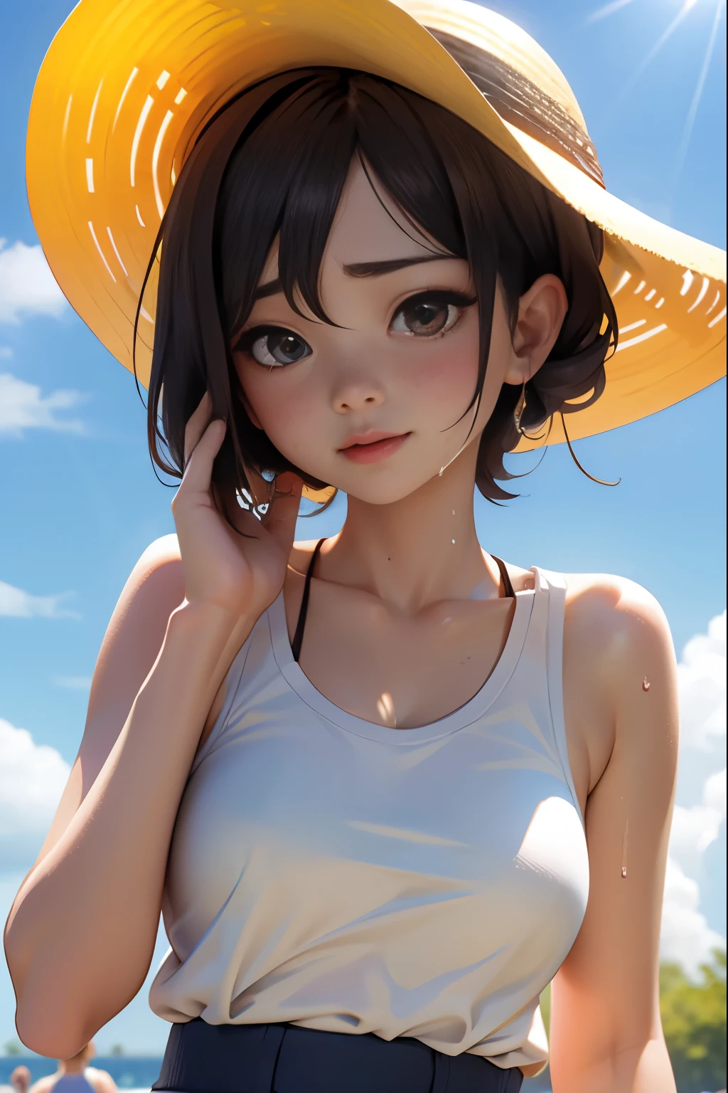 Under the blazing sun、Hot midsummer day。girl sweating。Wipe the sweat from one's forehead with one's hand。smile。