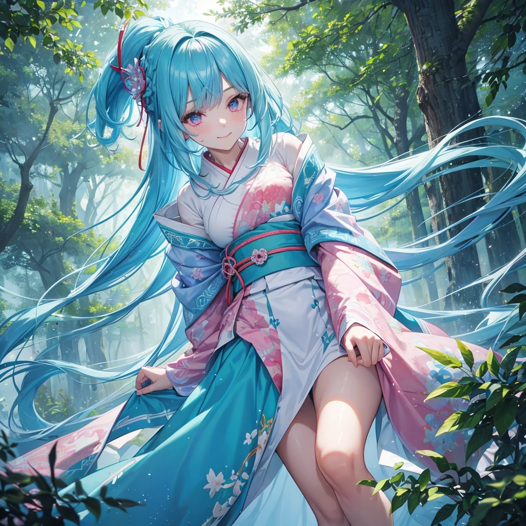 sky Blue hair, (braided ponytail),(pink eyes),fair skin ,(full body),1 girl,smile,white red kimono,(Fresh green forest),Forest Goddess,Straight Bangs,(masterpiece, best quality, ultra-detailed, best shadow), (detailed background), (beautiful detailed face), high contrast, (best illumination, an extremely delicate and beautiful), ((cinematic light)), colorful, hyper detail, dramatic light, intricate details,guardian of the forest,Leaf Blizzard,