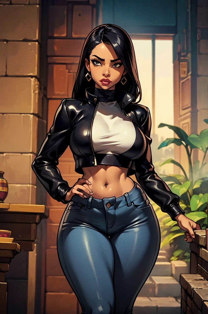 1 female, skimpy dress, black leather jacket crop top, Tight jeans, slim waist, hourglass figure, fiesty look, Masterpiece, 4k.