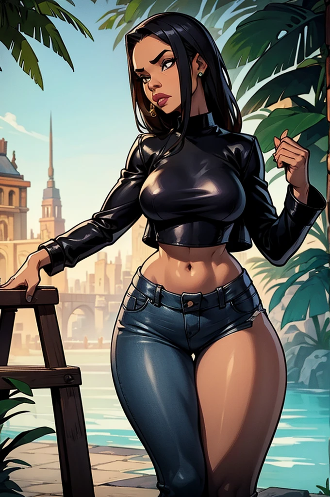 1 female, skimpy dress, black leather jacket crop top, Tight jeans, slim waist, hourglass figure, fiesty look, Masterpiece, 4k.