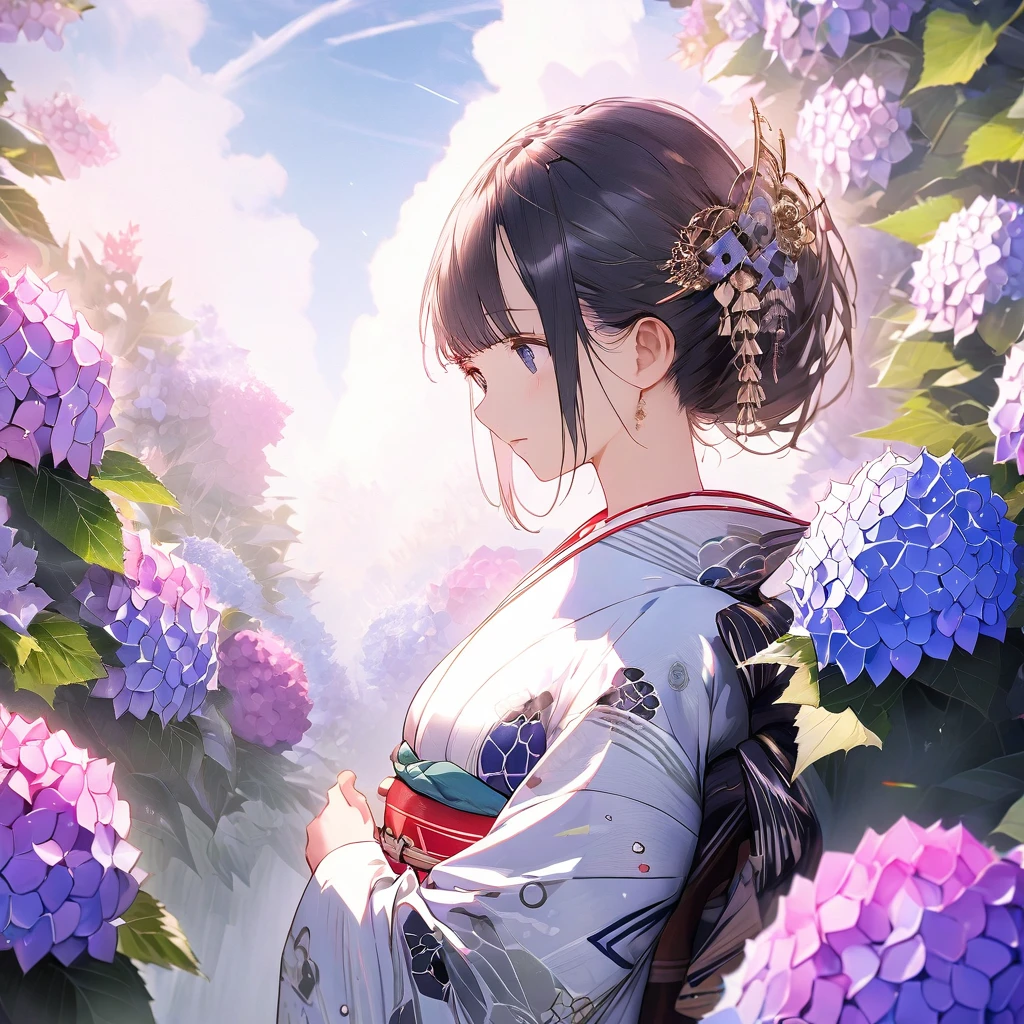(Hydrangeas:1.5), a beautiful girl, beautiful sky, detailed details, a large sky, a full-body image, detailed colors, dynamic angles, a beautiful Japanese kimono, BREAK ,quality\(8k,wallpaper of extremely detailed CG unit, masterpiece,hight resolution,top-quality,top-quality real texture skin,hyper realisitic,increase the resolution,RAW photos,best qualtiy,highly detailed,the wallpaper,cinematic lighting,ray trace,golden ratio\),
