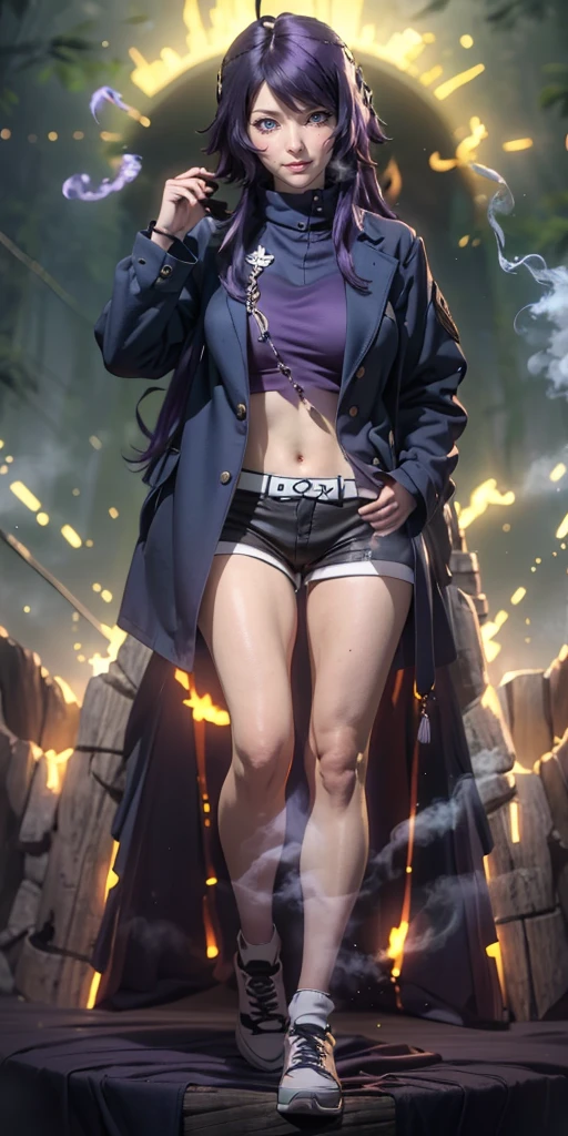 MC, ahoge, (long hari, purple hair:1.3), hair ornament, dark-blue eyes, anatomically correct, heavy breathing, mature female, 1girl, solo, pantyhose, standing, coat, full_body, looking_at_viewer, black_legwear, smile, casual, closed_mouth, shoes, turtleneck, simple_background, blush, bangs, jacket, tree, bamboo, forest, smoke, water drop, spotlight, bokeh, (bootyshorts:1.4), sneakers, hollow eyes, bright pupils, dark-blue eyes, looking at viewer. glowing eyes heavy breathing, seductive smile, (steaming face:1.3), blush face, lips,