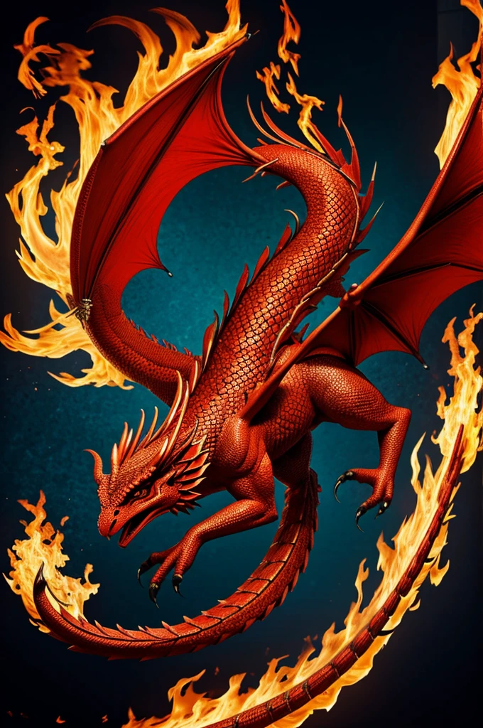 Create a red dragon with a peacock tail and fire