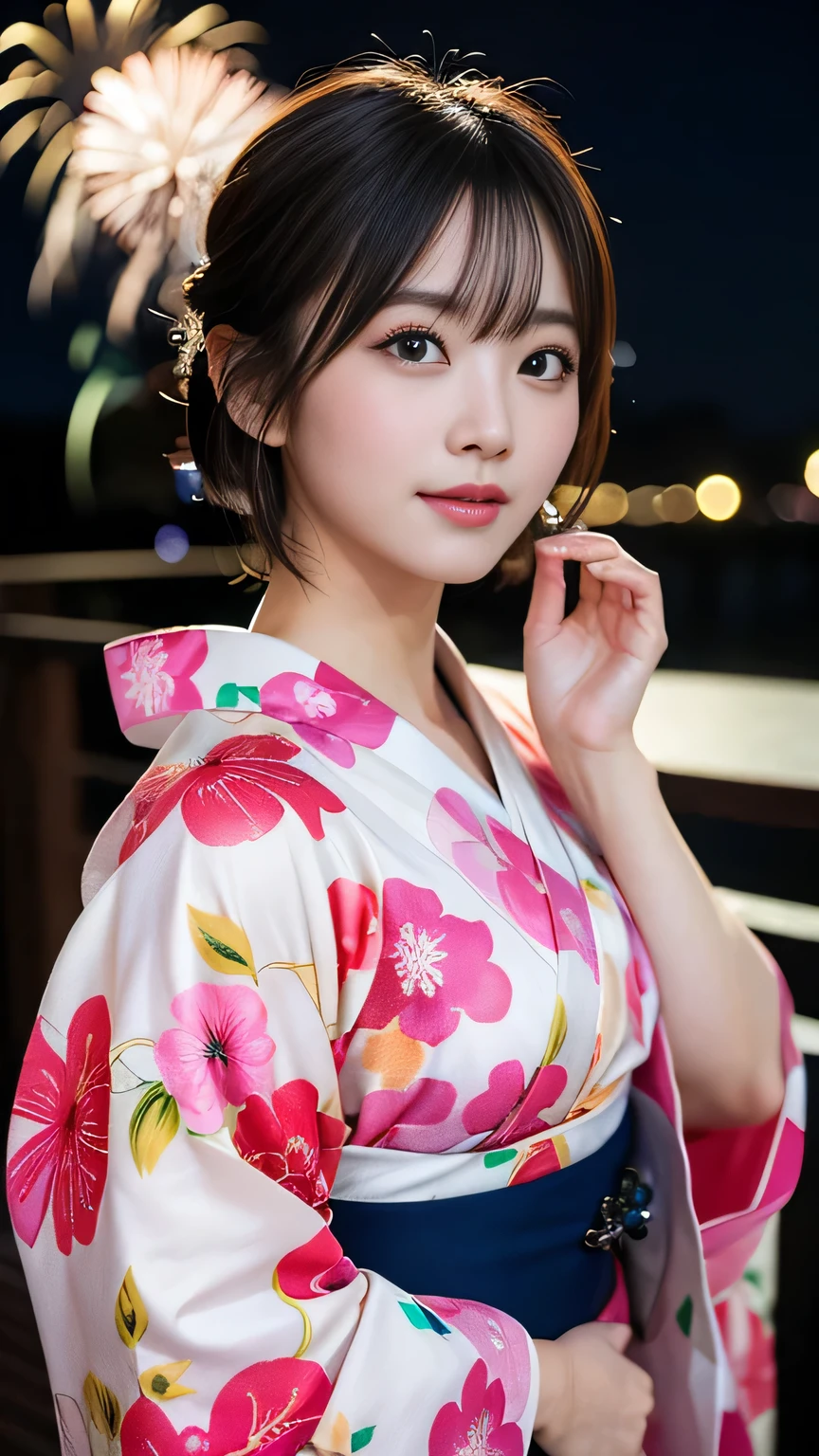 (8K、RAW Photosgraphy、Highest quality、masterpiece:1.2)、(Realistic、Photorealistic:1.37)、Ultra-high resolution、One Girl、cute、solo、night、Sitting、date、(Nose redness)、(Laughter:1.1)、(Closed)、huge 、Beautiful Eyes、(short hair:1.2)、(((Fireworks bursting into the sky、night)))、(((kimono、yukata)))、Cleavage、Perfect body、Perfect Fingers、Professional Lighting、Japanese Goddess、gravure、Detailed face and skin texture、Detailed eyes、RAW Photos