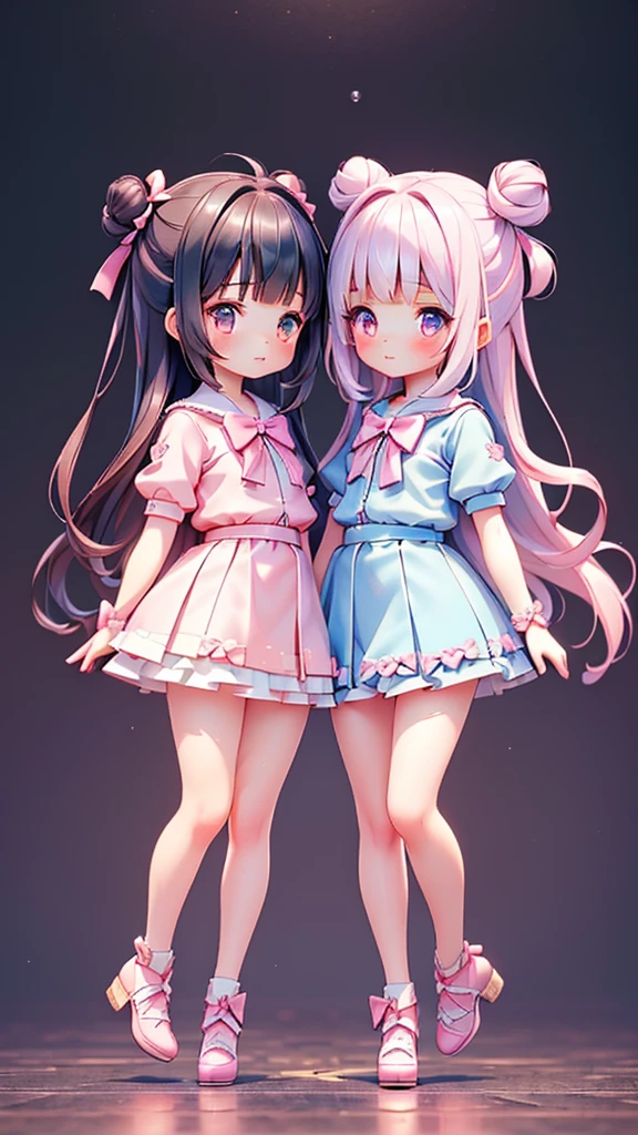 (photo realistic), (((petite bishojo, little two girls))), ((after kiss, lesbian)), ((kawaii face)), ((kawaii eyes)), ((masterpiece)), ((top quality)), ((hyper detailed)), (exquisite), (depth), (crisp), (8k), (beautiful and aesthetic), (super detailed skin), ((high standard)), ((high resolution)), ((perfect anatomy)), (((full body))), (blush), (blunt bangs), (summer uniform), ((bow in hair)), (double hair buns)
