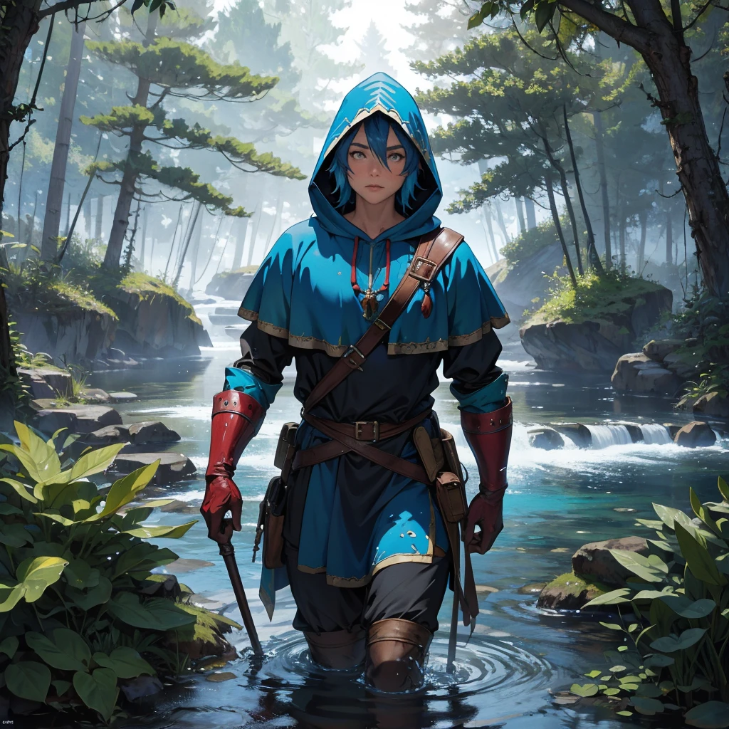 water dwarf in the forest with medieval adventurer outfit hood