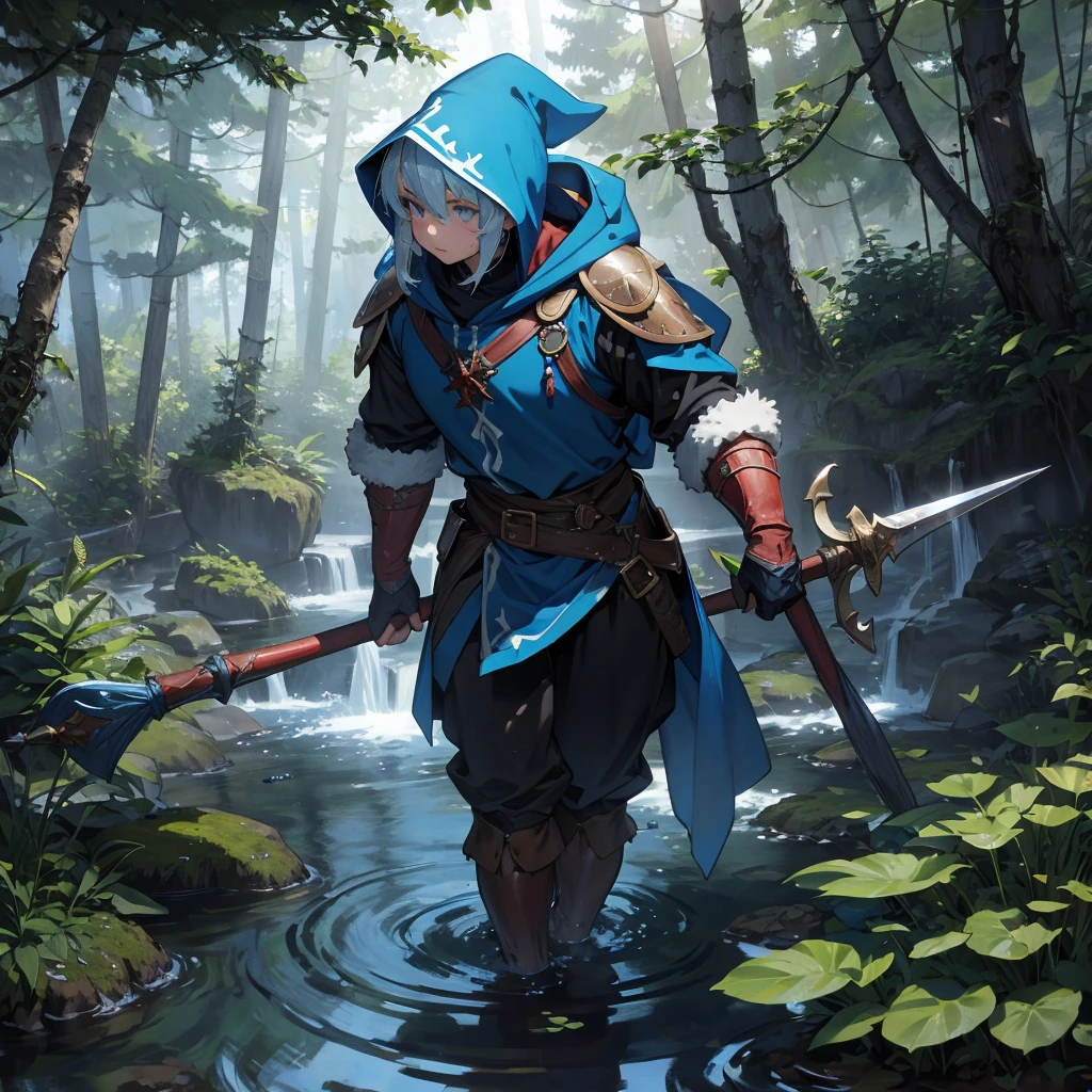 water dwarf in the forest with medieval adventurer outfit hood
