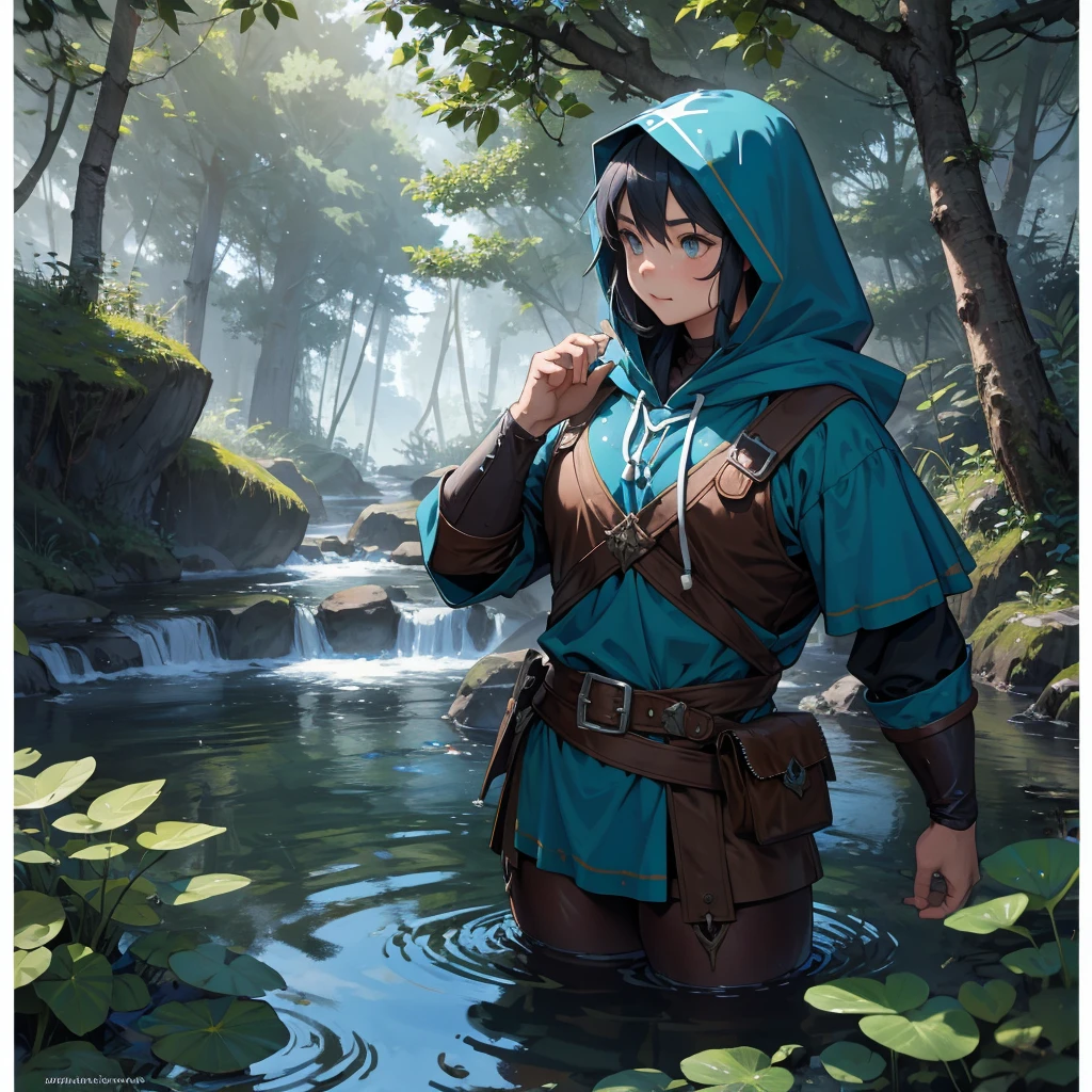 water dwarf in the forest with medieval adventurer outfit hood