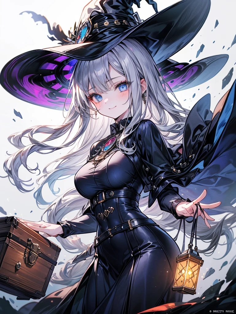 (​masterpiece),(top-quality:1.2),(perfect anatomy),(Perfect Fingers:1.3),(correct hands:1.2),(1 girl in witch hat:1.2),beautiful detailed blue eyes,silver hair,witch and treasure chest,(large treasure chest),(Highly detailed elegant), Magical colors and atmosphere, Detailed skin,Add a dramatic and symbolic element to your scene, Silky to the touch,in cave,Captivating smile