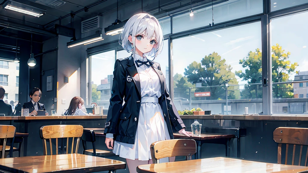 cafeteria,daughter,White Skirt,Black jacket