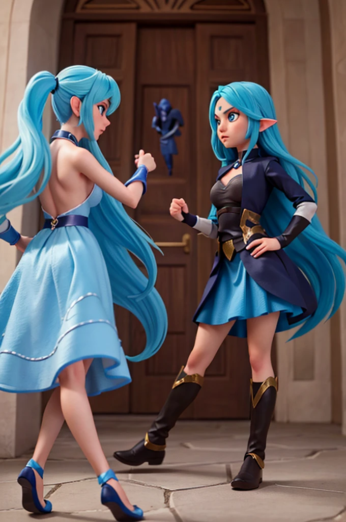 a fairy with blue hair is fighting alongside, a   HUMAN with  long blond hair, against an evil wizard with black clothes elegant