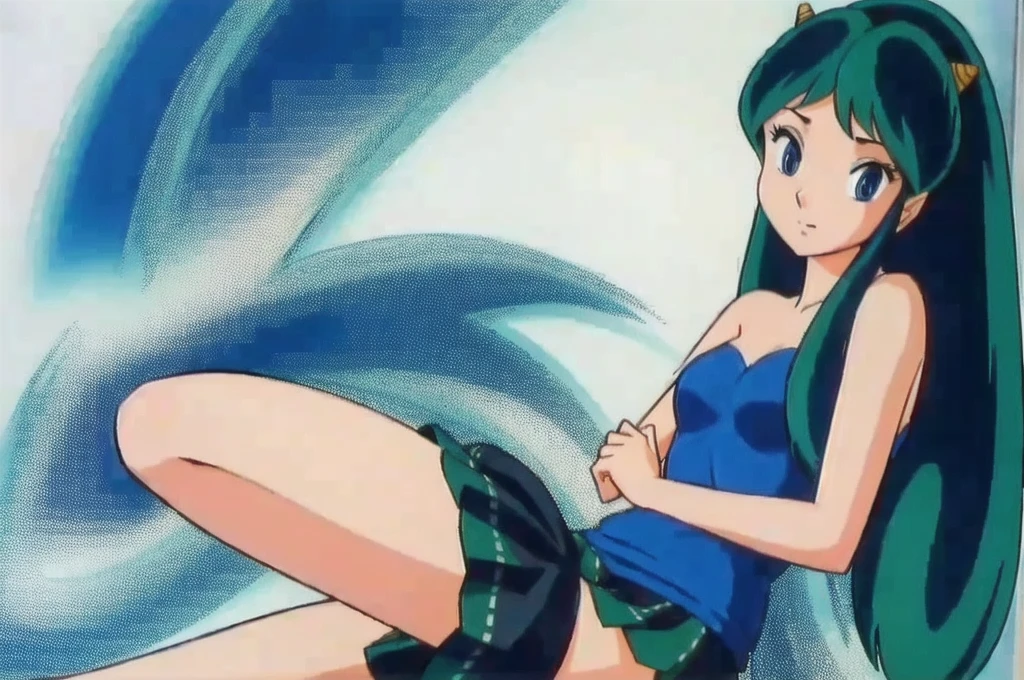 (Realistic:1.5) full body shot, solo, long hair, blue eyes, green hair, horns, Lace skirt with a tank top, 