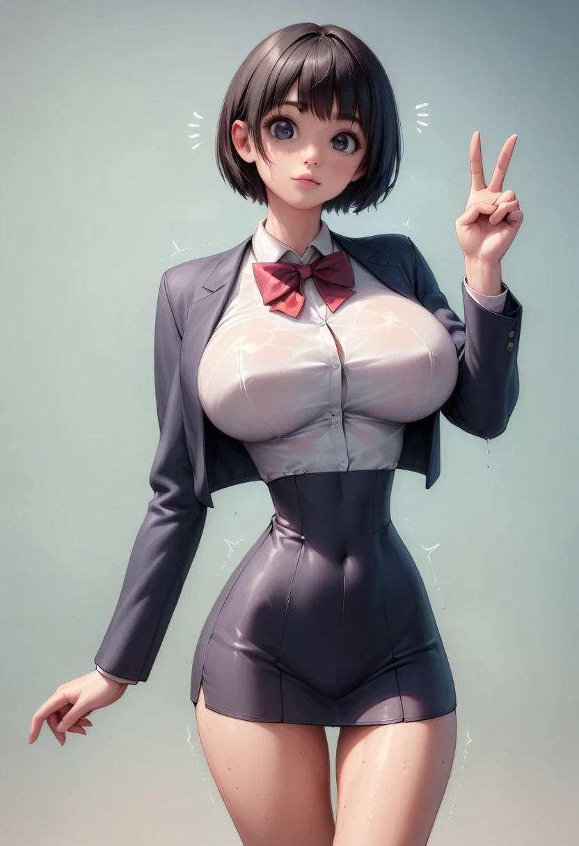 (masterpiece, best quality:1.2), Realistic, front shot, 1girl, kawaii, (super big breasts, micro waist, very long legs:1.4), Big Ass, Black hair, short bob hair, short height, scrawny and thin body, Light Skin, cute big eyes, tiny slender cute face, detailed face, Tight school blazer, miniskirt, pigeon-toed, wet and sweaty, big visible ribs, V sign, Trembling