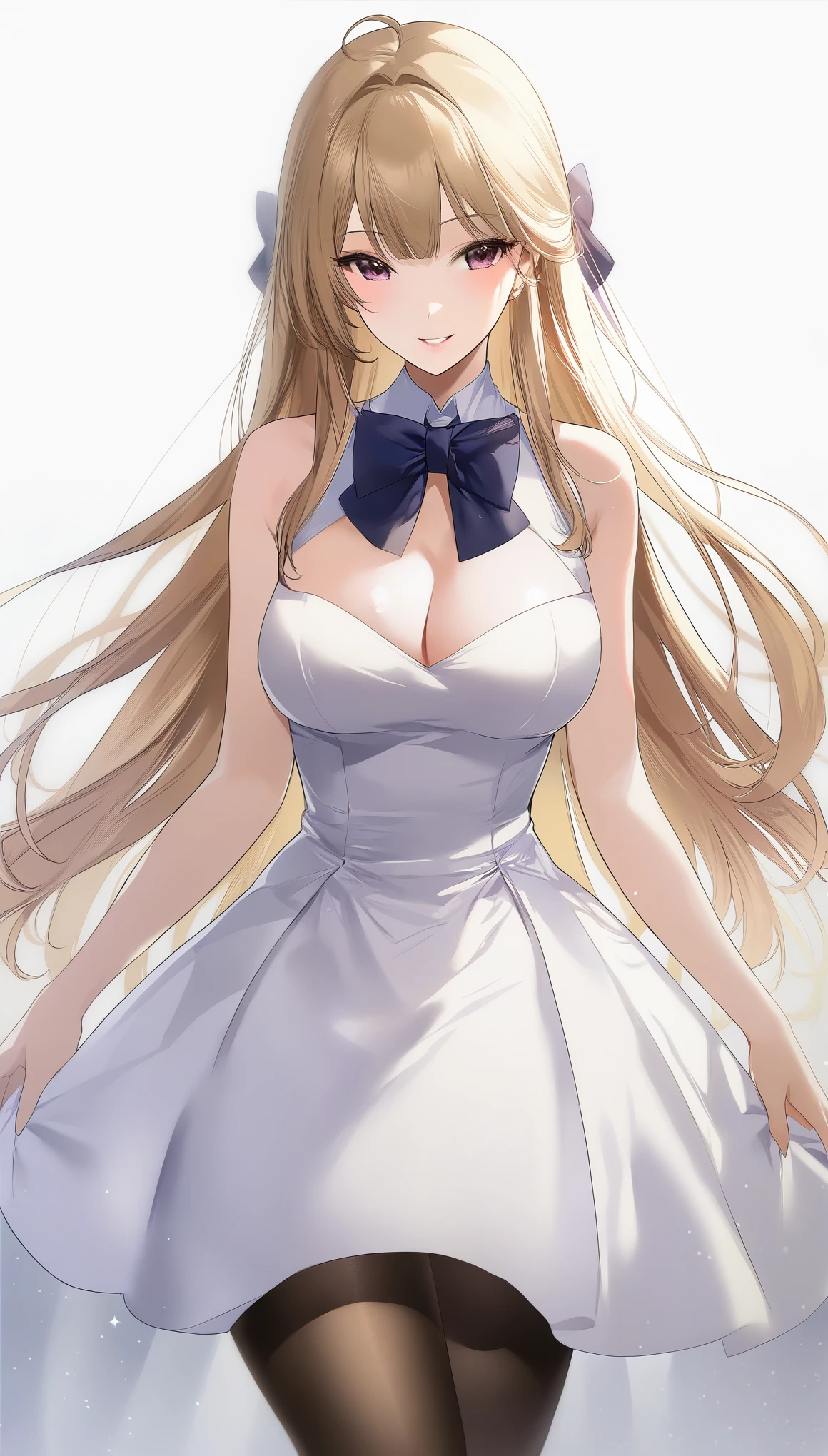 (1girl,20 years old,mature female),blonde hair,long hair,white dress, sleeveless, bow tie, bare shoulders,smile,cleavage,pantyhose,((white background)), aesthetic, detailed, beautiful color amazing quality, best quality, high quality