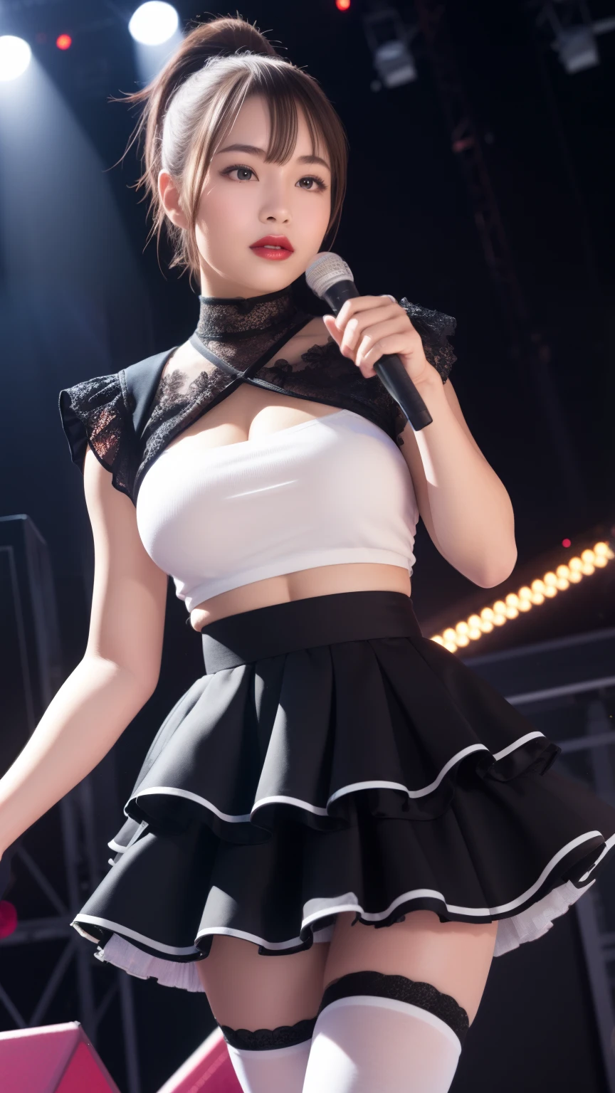 1girl, natural lighting, masterpiece, highly detailed, realistic, 8k resolution, high quality, aichan, large breasts, ponytail, stage, idol dress, floaty skort, flared skirt, layered skirt, white thigh highs, lipstick