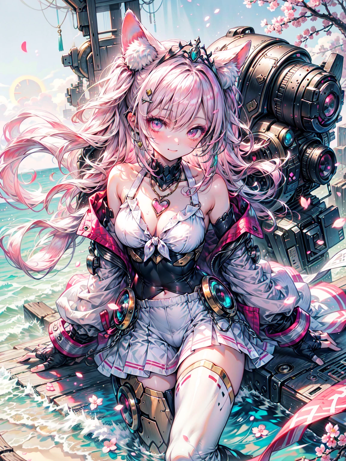 super high quality、8K quality、High resolution、Image quality captured with a single-lens reflex camera、Perfect Anatomy、Green Eyeecha Girl)((Pink Hair)), Pink Eyes, (Gold Tiara), Twin tails, (Cherry blossom ornament)No sleeve, (No sleeve Shirt, Split cuffs, White shirt, Pink tie,) petal, Pink Skirt, Rim Light, Pink Pantyhose, Bare shoulders, Pink sleeves, ((Heart Necklace, Heart Jewelry)),(Beautiful beaches),((Beautiful sunset)),((Cherry blossom ornament)), Cherry blossom pattern、break、（Perfect Anatomy、Mechanical parts below the elbow and knee:1.4）break(Seaside、dawn、The sun shines:1.4)、Machine Armor、Organic Armor Cyborg、break、(Dark Elf), (1 Girl), alone, Perfect Face, Get used to it, Ahoge, ((Long Hair:1.2)), (Hair above one eye:1.3), [[Messy Hair]], Shiny blonde white hair, Purple eyes, Variegated eyes, Colorful Hair, Shining Eyes, (eyelash, eye shadow, pink eye shadow), bright, smile, Design Art：Haruhiko Mikimoto, by Kawashi, By Yoshitaka Amano, Dark Skin