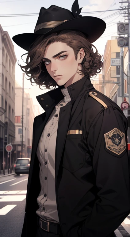 work of art, best qualityer, realisitic, 1 person, mature man, quiet and charming young man, 25 years old, , extreme detailed face, ((dark gray eyes)), ((Short dark brown hair combed to the right)),((curls)), [Thick eyebrows], Detective, International city, White color blouse,Black police uniform， black hat，cinematic lighting, holding a gun in his hand, Postural dynamics,eyes looking at viewer，On the main road