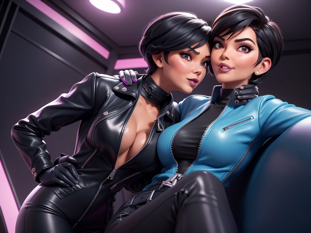 obra prima, melhor qualidade, ((kris jenner, tan skin, short black bob hair,)) head back, sassy wicked, open mouth, ((big teeth smile, shiny periwinkle lipstick, sunglasses,)) thick smoky black eye shadow, long fake eyelashes, sticking tongue out, (cerulean blue leather jacket with bob shoulder,) biker jacket has stiff collar, leather blouse, (magenta pvc skinny pants unzip front,) studs zippers snaps, shiny leather gloves, nip slip, body is skinny, laying down hugging each other on sofa, shiny tight buttocks, arched back, mashing breasts, ((passionate kissing, hand inside pants,)) camera view of whole body, looking up at me, shallow depth of field, highres, HD, 8k, anatomically correct