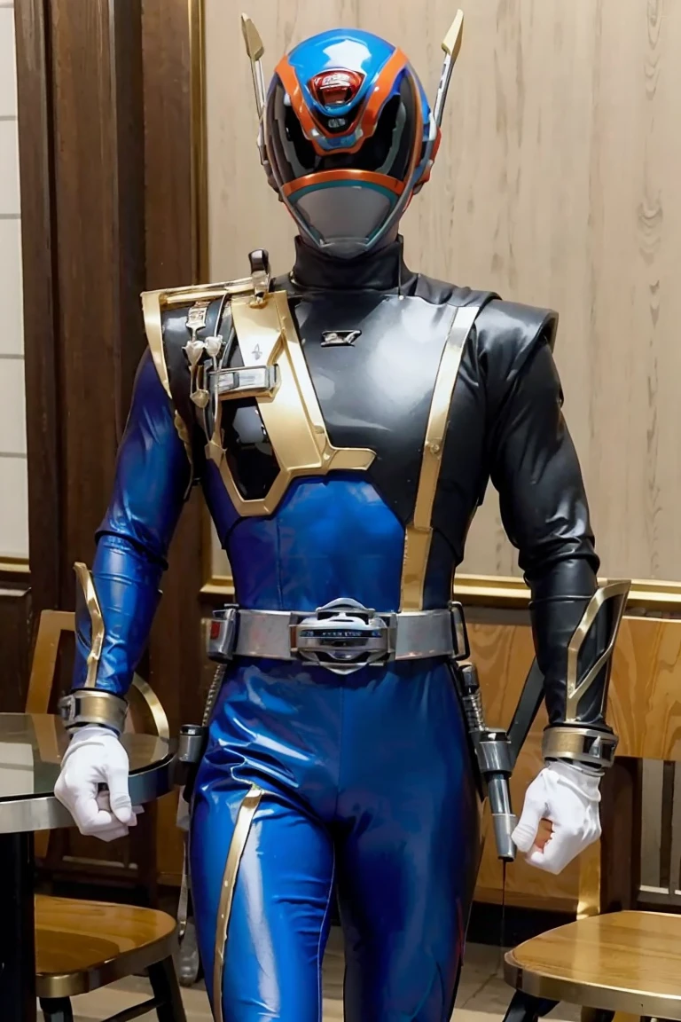 Fantasy background, cafe rpg style, empty chair, table, set of tea glass, (power rangers)), One guy、, ((phantom ranger suit)), red and blue chest armor with gold details, costume, Solo, ((fit figure)), (Anatomically correct), Cowboy shot, masked face, guns, muscular build