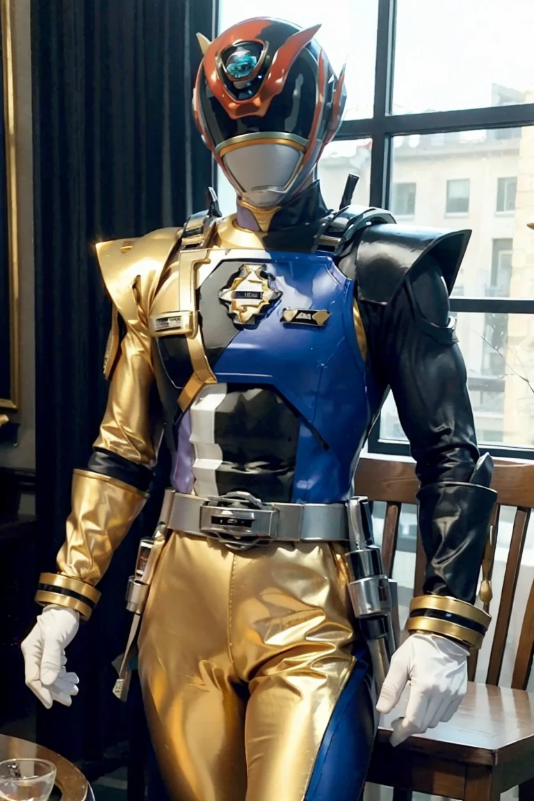 Fantasy background, cafe rpg style, empty chair, table, set of tea glass, (power rangers)), One guy、, ((phantom ranger suit)), red and blue chest armor with gold details, costume, Solo, ((fit figure)), (Anatomically correct), Cowboy shot, masked face, guns, muscular build