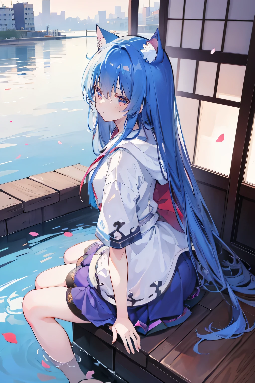(masterpiece:1.2),Super detailed,lifelike,Expressive eyes,fair skin,perfect face shape,1 girl,
Japanese comics,Gorgeous blue hair,flowing blue hair,flowing clothes,Cat ears,Petals fall,beautiful lola,Baby Angel,
Shaking head with one hand,Cross your legs,Gentle and peaceful background,The pavilion is cool and comfortable,smile, wearing hoodie, background of tokyo,back views,snowing, winter,lie on the water.