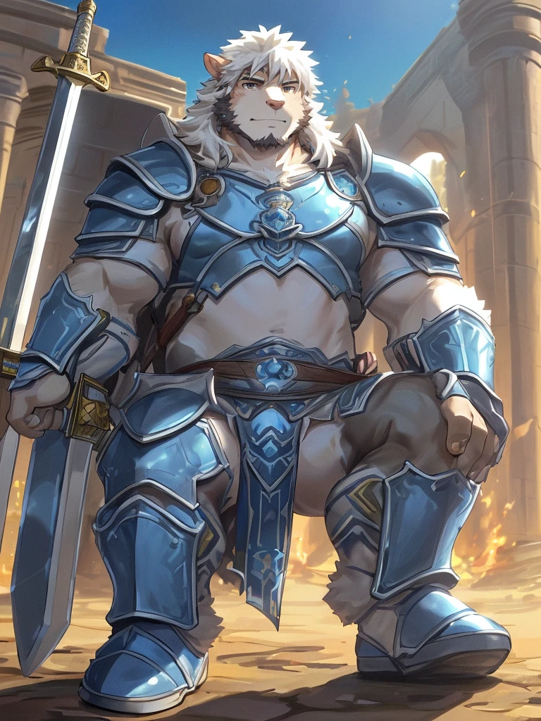 (((a furry sheep))), white fur, (((shoulder long silky hair))), (((handsome, slim fit, small face, ikemen))), paladin, (((white sheep))), ((dark blue armor)), full body, tall, smooth hair, sword and shield, mature, dad, dilf,