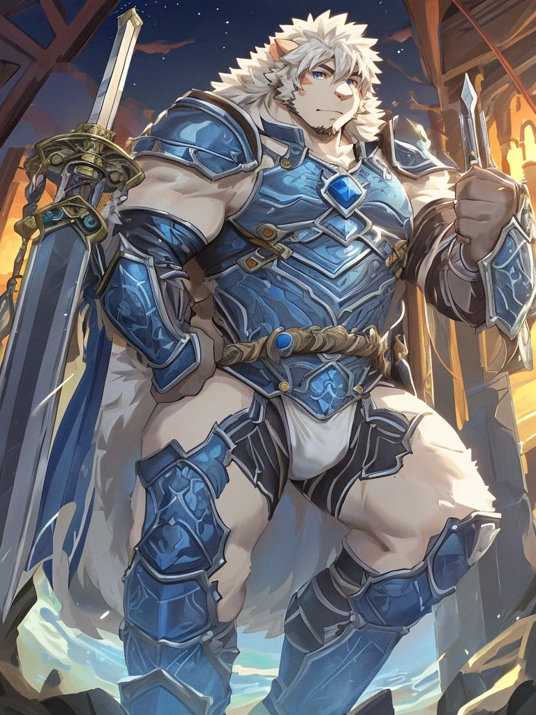 (((a furry sheep))), white fur, (((shoulder long silky hair))), (((handsome, slim fit, small face, ikemen))), paladin, (((white sheep))), ((dark blue armor)), full body, tall, smooth hair, sword and shield, mature, dad, dilf,