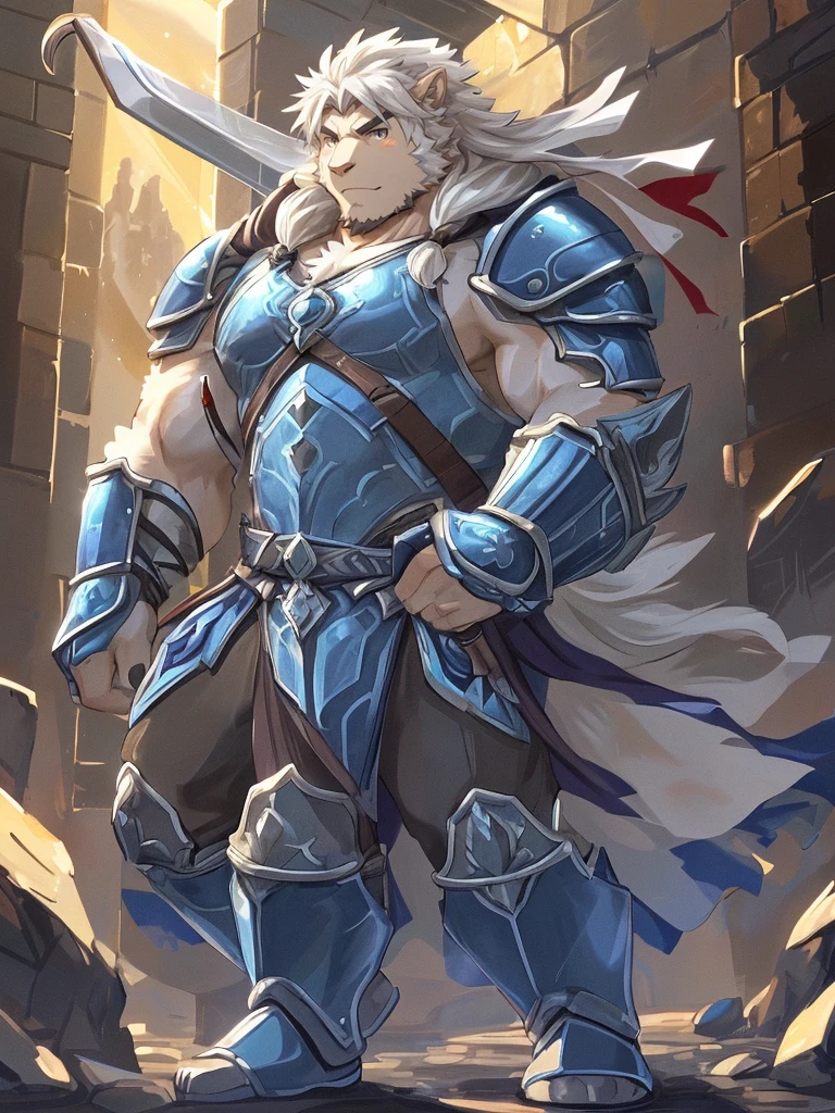 (((a furry sheep))), white fur, (((shoulder long silky hair))), (((handsome, slim fit, small face, ikemen))), paladin, (((white sheep))), ((dark blue armor)), full body, tall, smooth hair, sword and shield, mature, dad, dilf,