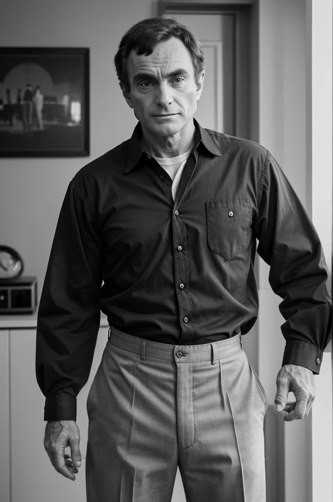 Ted bundy wearing a shirt tucked in shirt trousers and hand sleeves fold with his hands in his pocket Standing and looking at US