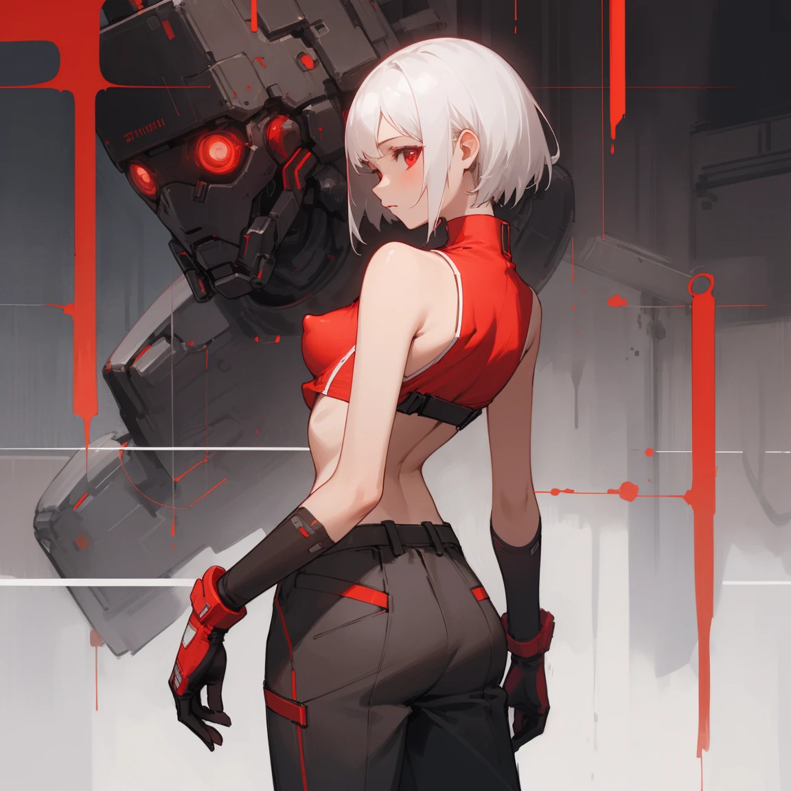 ((Highest quality)), ((masterpiece)), (Become familiar with), 1 girl, alone, Silver Hair,Brown Skin,Red eyes,Long trousers,Red sleeveless,((Red Shirt)),Clothes with a visible back, thin,thin,short hair,Small breasts, Erect nipples, gloves, cyber punk,sf