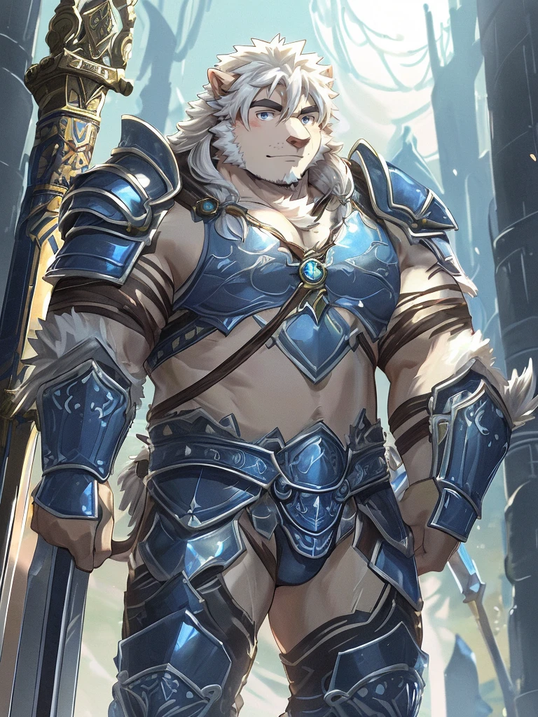 (((a furry sheep))), white fur, (((shoulder long silky hair))), (((handsome, slim fit, small face, ikemen))), paladin, (((white sheep))), ((dark blue armor)), full body, tall, smooth hair, sword and shield, mature, dad, dilf,