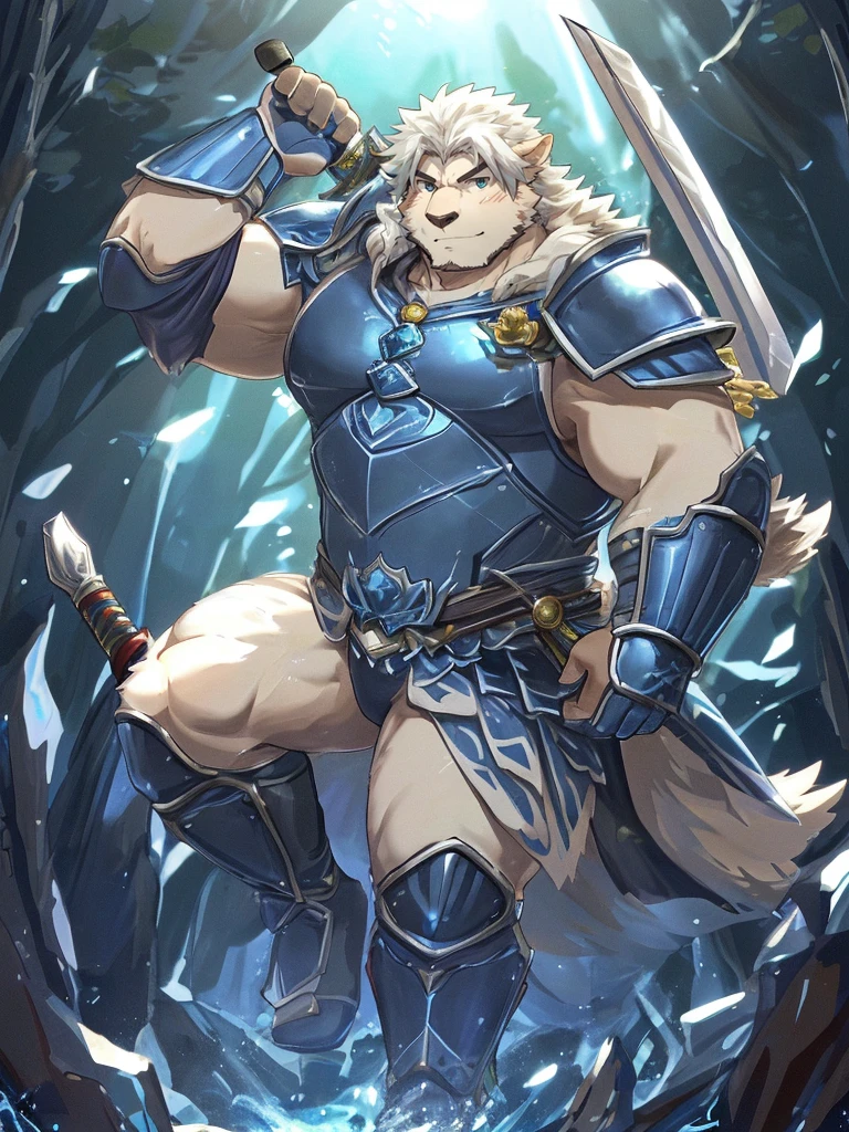 (((a furry sheep))), white fur, (((shoulder long silky hair))), (((handsome, slim fit, small face, ikemen))), paladin, (((white sheep))), ((dark blue armor)), full body, tall, smooth hair, sword and shield, mature, dad, dilf,