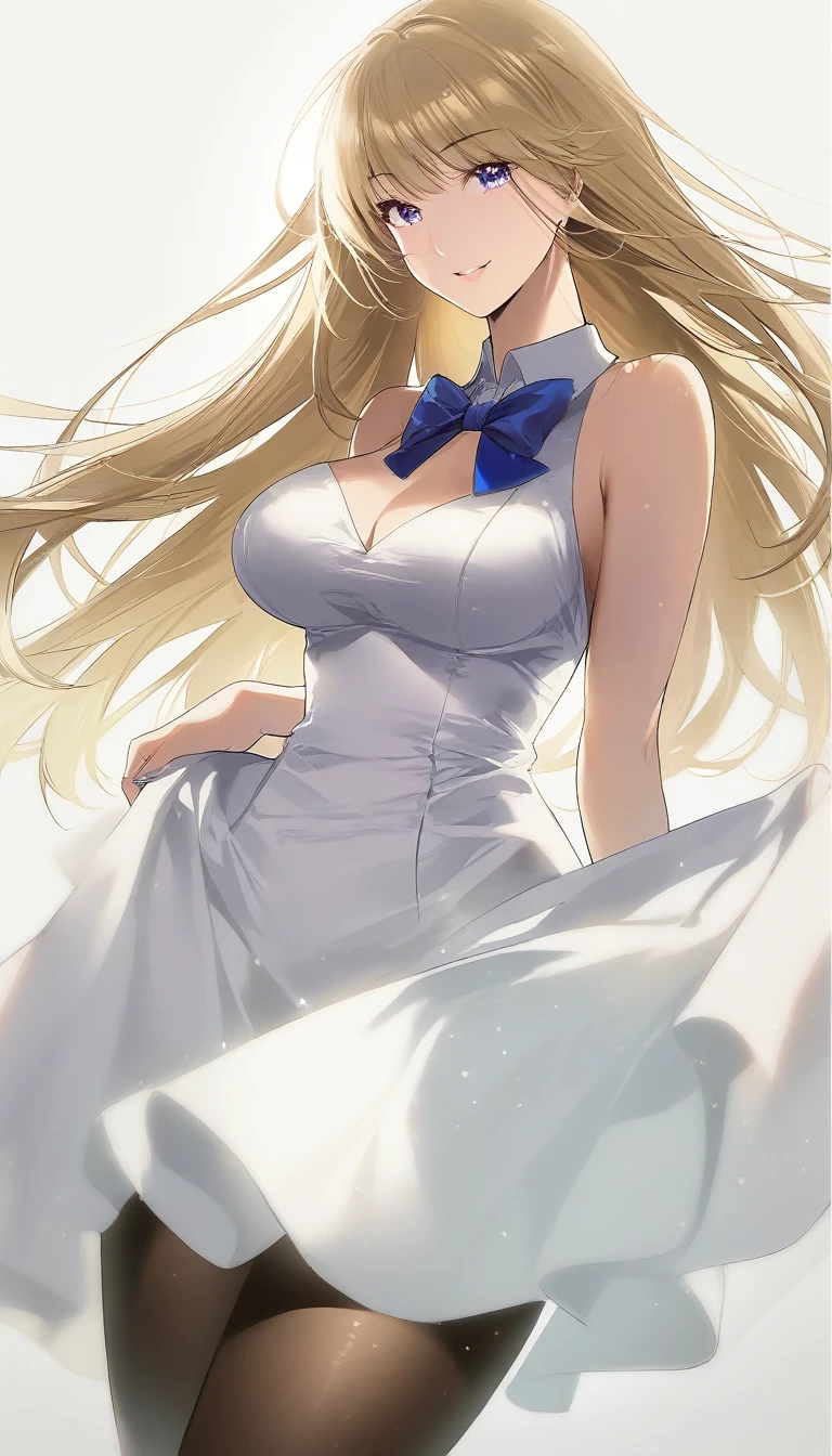 (1girl,20 years old,mature female),blonde hair,long hair,white dress, sleeveless, bow tie, bare shoulders,smile,cleavage,pantyhose,((white background)), aesthetic, detailed, beautiful color amazing quality, best quality, high quality