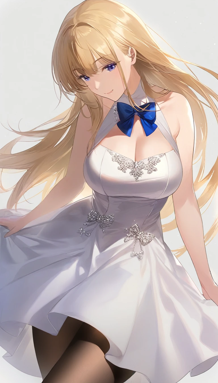 (1girl,20 years old,mature female),blonde hair,long hair,white dress, sleeveless, bow tie, bare shoulders,smile,cleavage,pantyhose,((white background)), aesthetic, detailed, beautiful color amazing quality, best quality, high quality