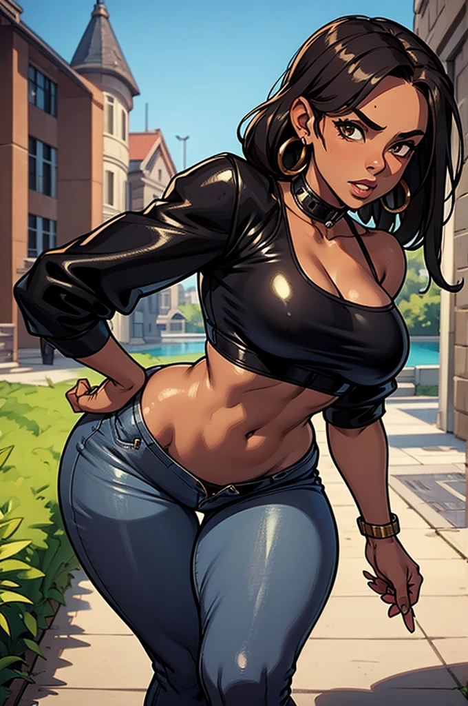 1 female, tan skin, slanty eyes, loop earings, skimpy dress, black leather jacket crop top, Tight jeans, slim waist, hourglass figure, fiesty look, Masterpiece, 4k.
