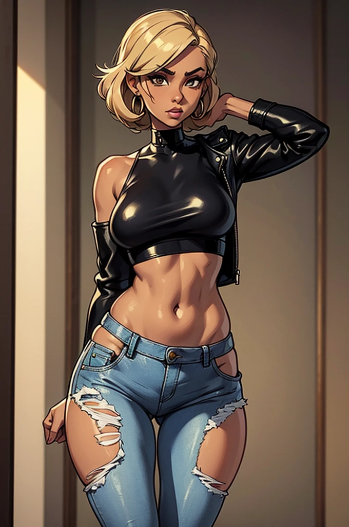 1 female, tan skin, slanty eyes, loop earings, skimpy dress, black leather jacket crop top, Tight jeans, slim waist, hourglass figure, fiesty look, Masterpiece, 4k.