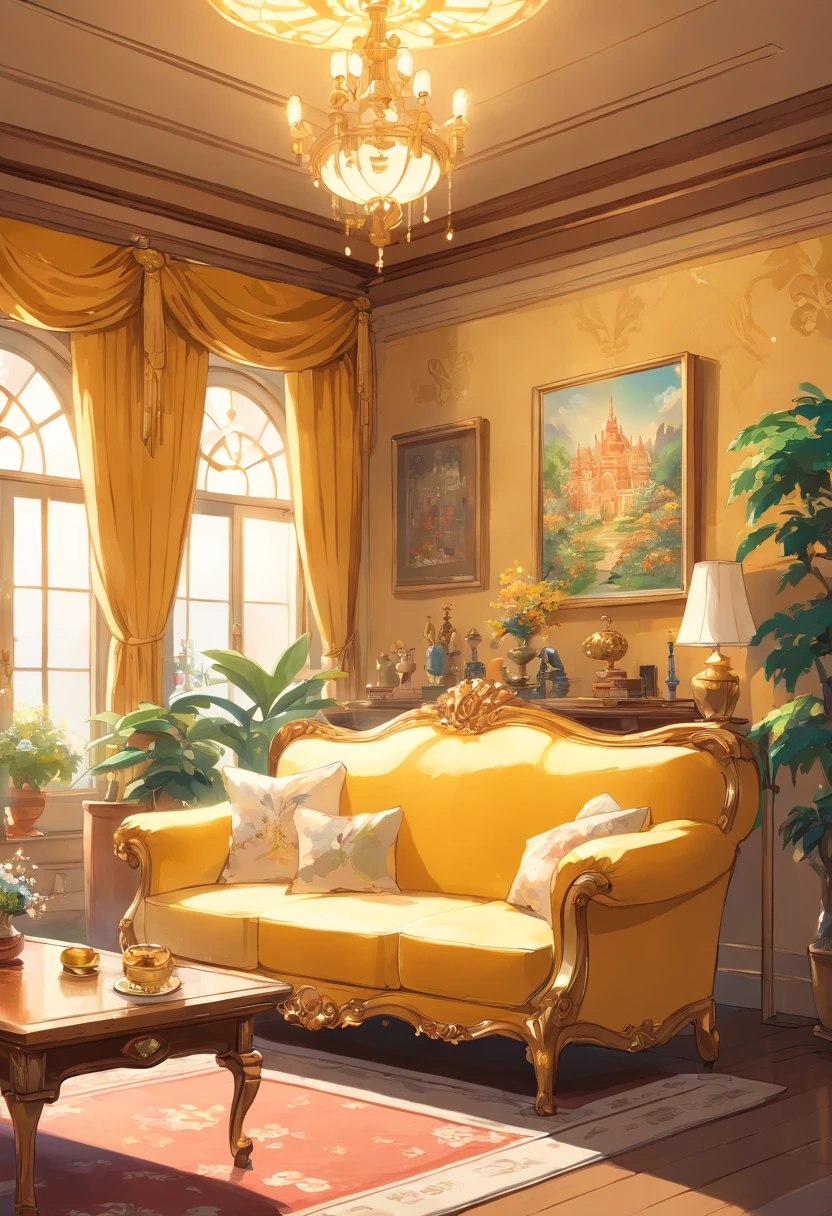 Luxury sofa Rich man's house Cute room golden colored white colors Beautiful decoration