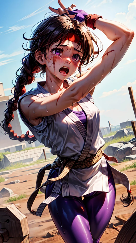 (masterpiece, best quality, high resolution, unity 8k wallpaper, extremely detailed CG:1), (illustration:1.0), 1girl,solo, yurims, headband, dougi, spandex, gloves,Face full of scars、Skin shiny with sweat、 injured scared girl、 crying wet bursting out eyes, real tears streaming down face, ultra-detailed eyes,bandaid on face,covered with mud,expression of despair,Illumination that emphasizes shiny sweat{{{Spread }}},(crotch rope walking:1.0)