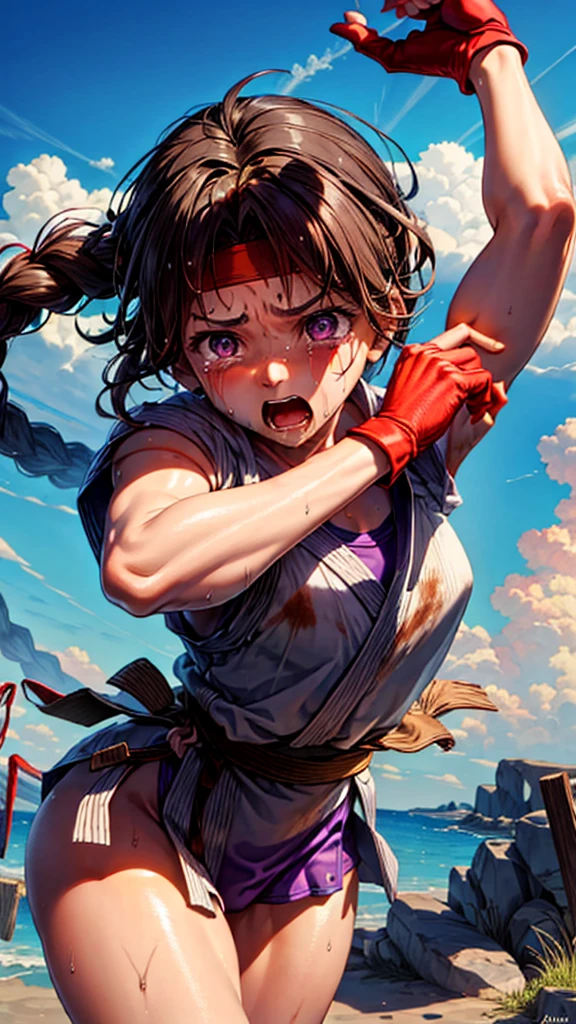 (masterpiece, best quality, high resolution, unity 8k wallpaper, extremely detailed CG:1), (illustration:1.0), 1girl, solo, yurims, red headband, white dougi, purple spandex, purple gloves,Face full of scars、Skin shiny with sweat、 injured scared girl、 crying wet bursting out eyes, real tears streaming down face, ultra-detailed eyes,bandaid on face,covered with mud,expression of despair,Illumination that emphasizes shiny sweat{{{Spread }}},(crotch rope walking:1.0)