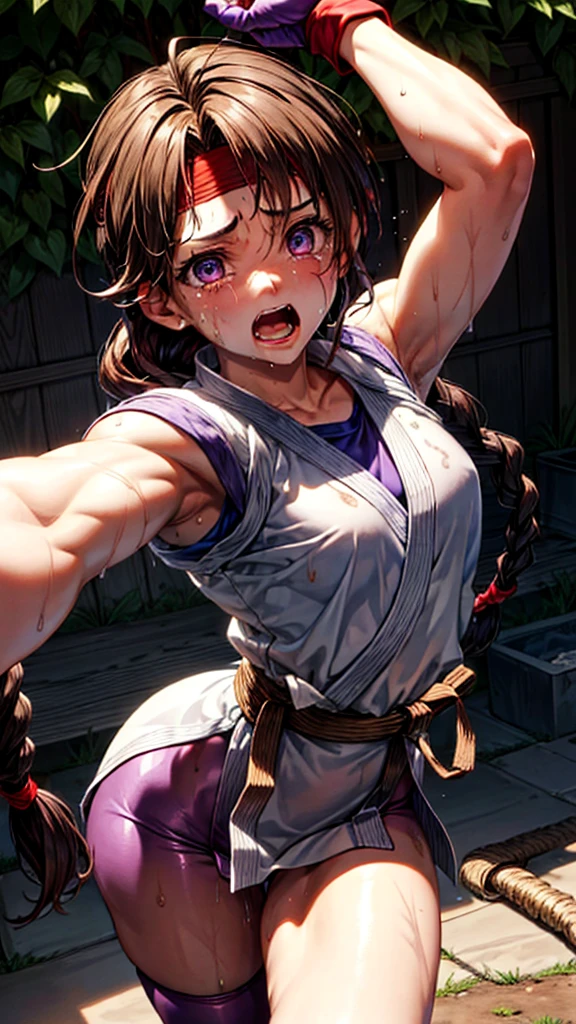 (masterpiece, best quality, high resolution, unity 8k wallpaper, extremely detailed CG:1), (illustration:1.0), 1girl, solo, yurims, red headband, white dougi, purple spandex, purple gloves,Face full of scars、Skin shiny with sweat、 injured scared girl、 crying wet bursting out eyes, real tears streaming down face, ultra-detailed eyes,bandaid on face,covered with mud,expression of despair,Illumination that emphasizes shiny sweat{{{Spread }}},(crotch rope walking:1.0)