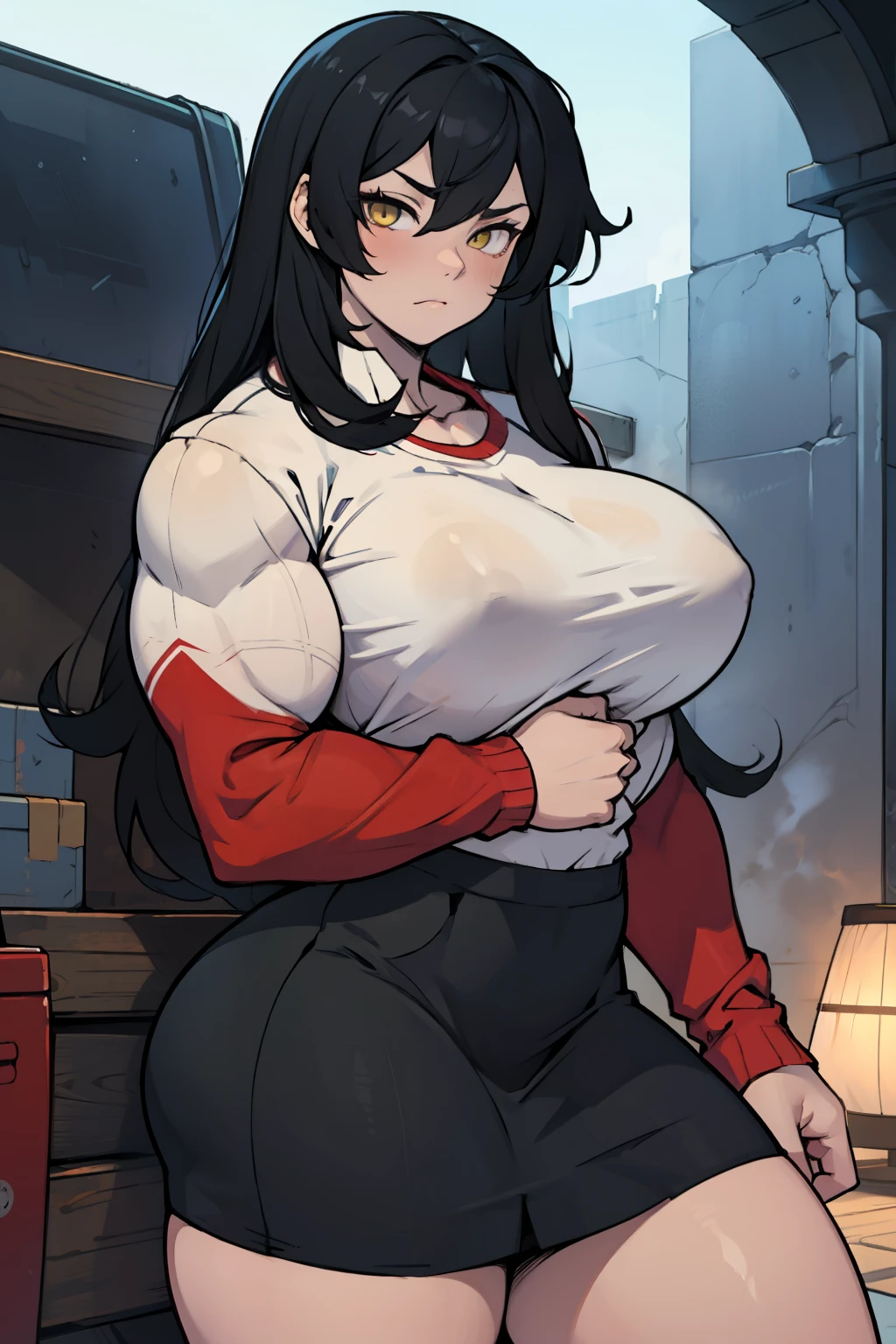 huge muscles huge breasts huge thighs pale skin black hair yellow eyes very long hair muscular girl sad expressionless plated skirt long sleeve tight t-shirt
